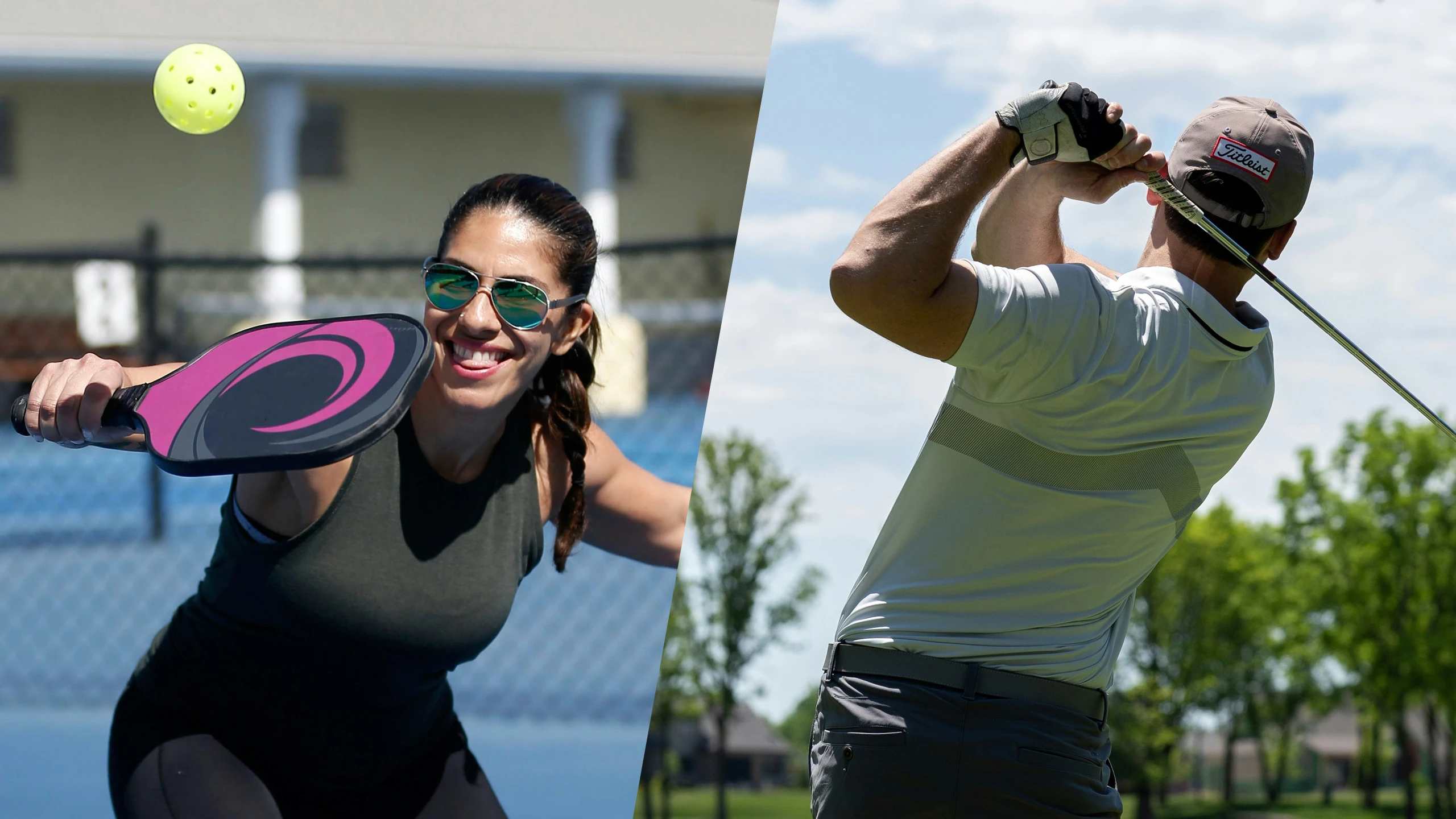 A female playing pickleball and a male playing golf.